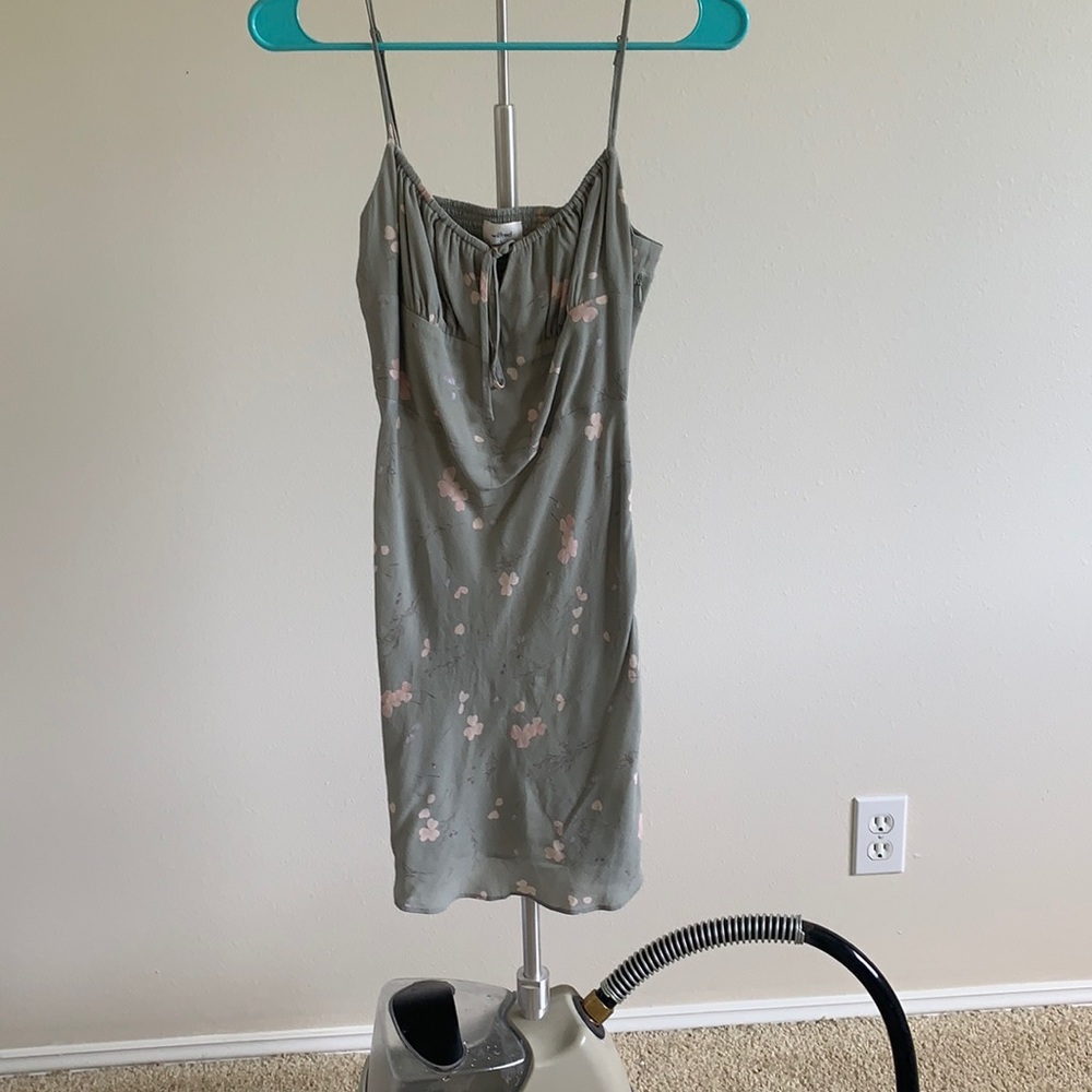 Aritzia Olive Green Mini Dress with Pink Floral Print